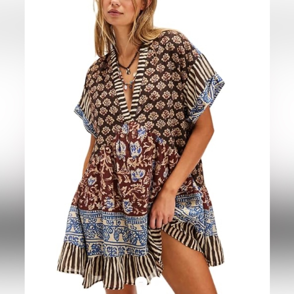 Boho High-Low Mixed Print Dress in Brown and Blue